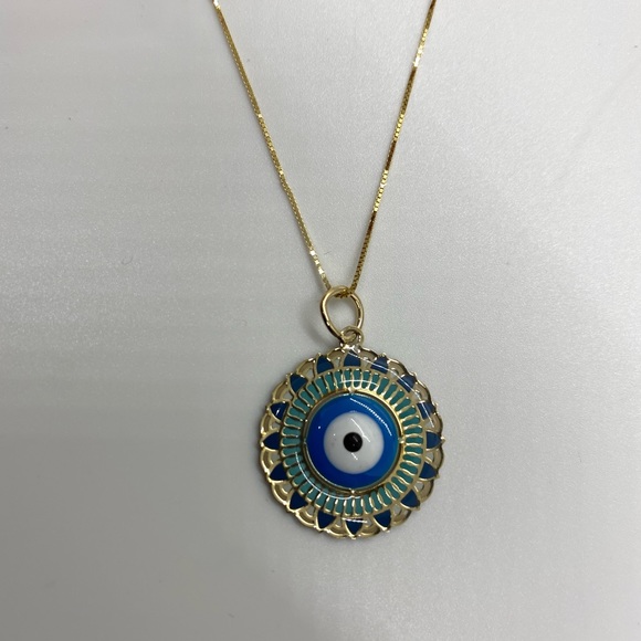 10K Gold Evil Eye Box Chain Necklace - Picture 10 of 11